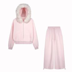 批发原版面料纯棉华棉复合银狐绒可拆卸毛领开衫卫衣卫裤2件套装女冬