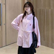 批发粉色甜美兔子<b class='q'>条纹</b>长袖<b class='q'>衬衫</b>女春秋宽松法式设计感小众休闲百搭上衣