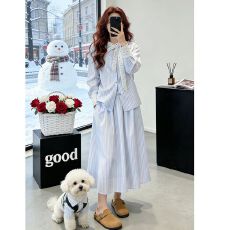 批发2026年新款学院风<b class='q'>条纹</b><b class='q'>衬衫</b>长袖气质时尚小众蓝色<b class='q'>条纹</b><b class='q'>衬衫</b>半身裙