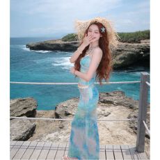 批发度假穿搭女夏装甜美温柔蕾丝<b class='q'>拼接</b>吊带扎染印花背心高腰网纱半身裙