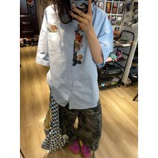 批发韩系卡通动物刺绣短袖衬衫<b class='q'>女</b>夏季设计感小众宽松衬衣上衣