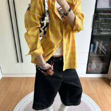 批发【原版面料】美式复古超好看柠檬黄春季格子衬衫显白宽松百搭衬衣