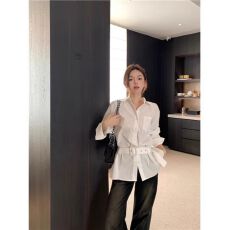 批发法式气质<b class='q'>长袖</b>Polo领白色衬衫女装夏季收腰显瘦<b class='q'>开衫</b>上衣