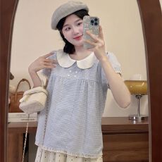 批发蓝色甜美娃娃领衬衫女短袖<b class='q'>t</b><b class='q'>恤</b>夏季薄款格子宽松小个子娃娃衫上衣