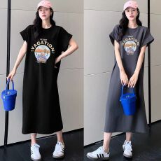 批发双口袋#飞飞袖长款过膝睡裙女宽松<b class='q'>大码</b>连衣裙女跨境