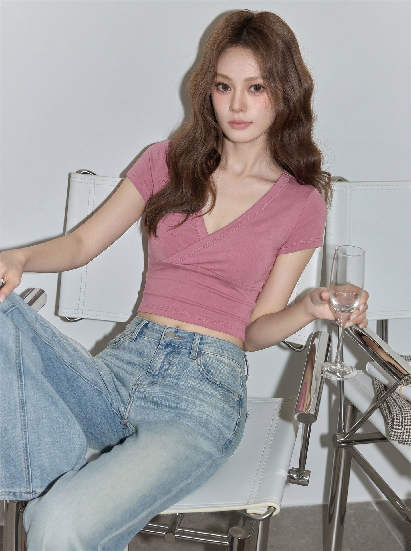 아메리칸 십자가 쇼트 스타일 맨위 여성 여름 핫걸 몸매 가꾸기 슬림해 보이는 핑크색 긍정적 인 어깨 V넥 반팔 티셔츠