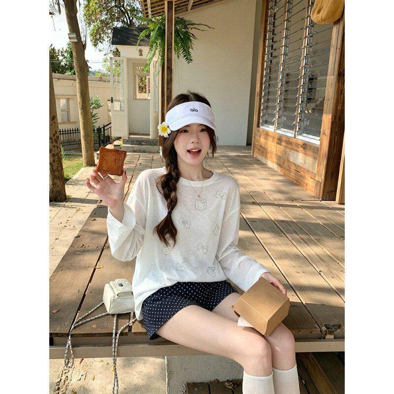 라이 경기 서울 2026 여름 좋은 플래시 핫픽스 긴팔 티셔츠 여성 레저 질감 마이크로 ~을 통해 얇은 스타일 루즈핏 자외선 차단 맨위