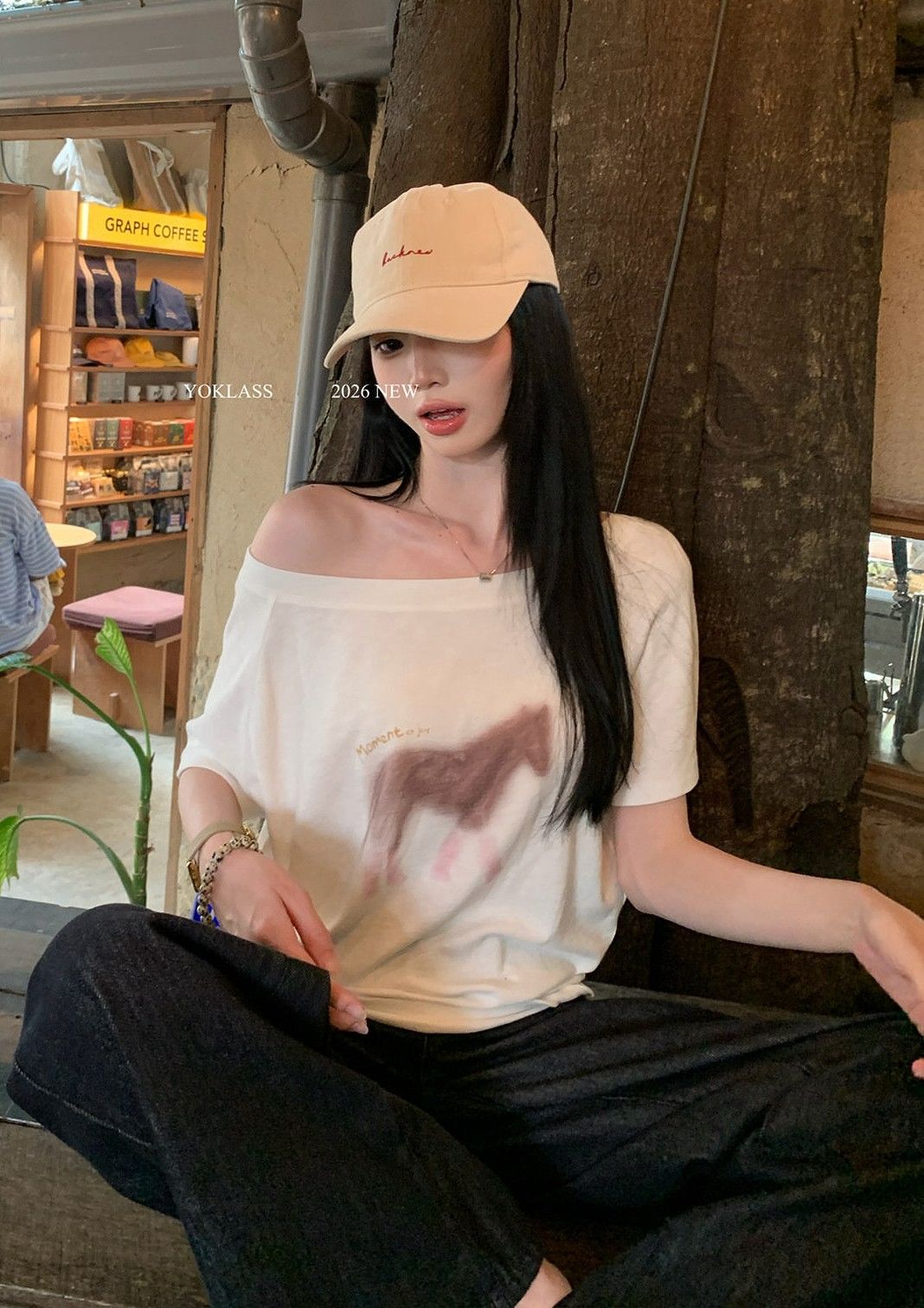 joeyjoy 와인 하나 직접 만든 한 부서 작은 말 프린트 티셔츠 자외선 차단 블라우스 여성 여름 느긋한 오프숄더 맨위