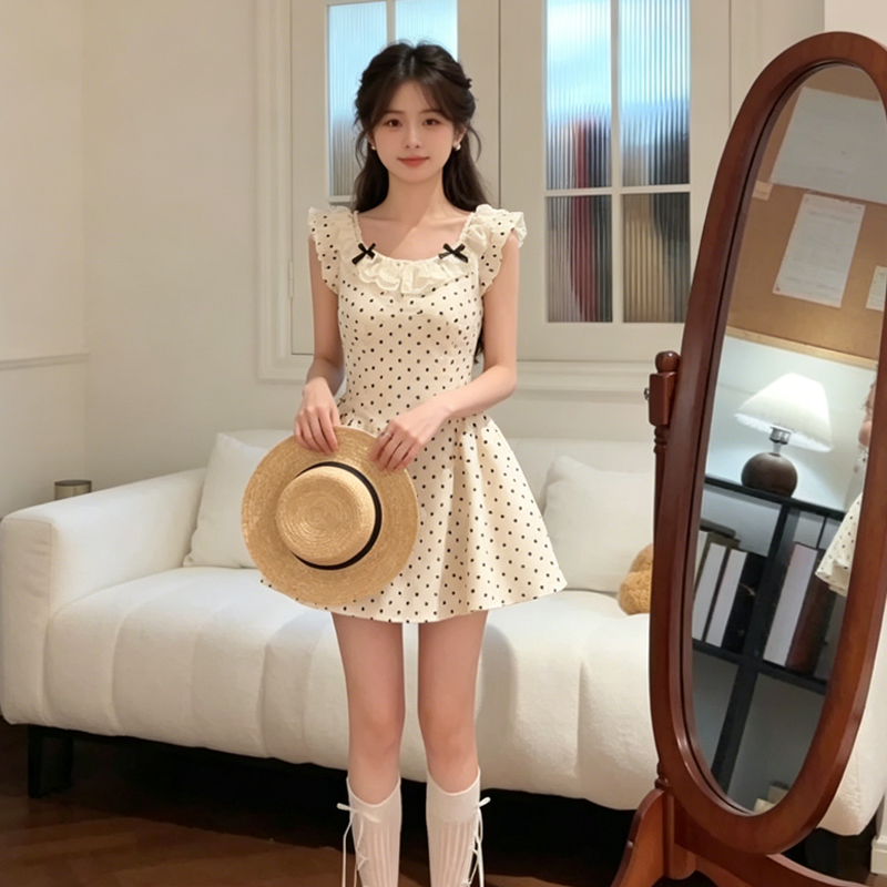 miu 부서 천 골드 품격 도트 무늬 슬립 여성 드레스 여름 고급 센스 레이스 조각 퍼프 쇼트 스타일 치마