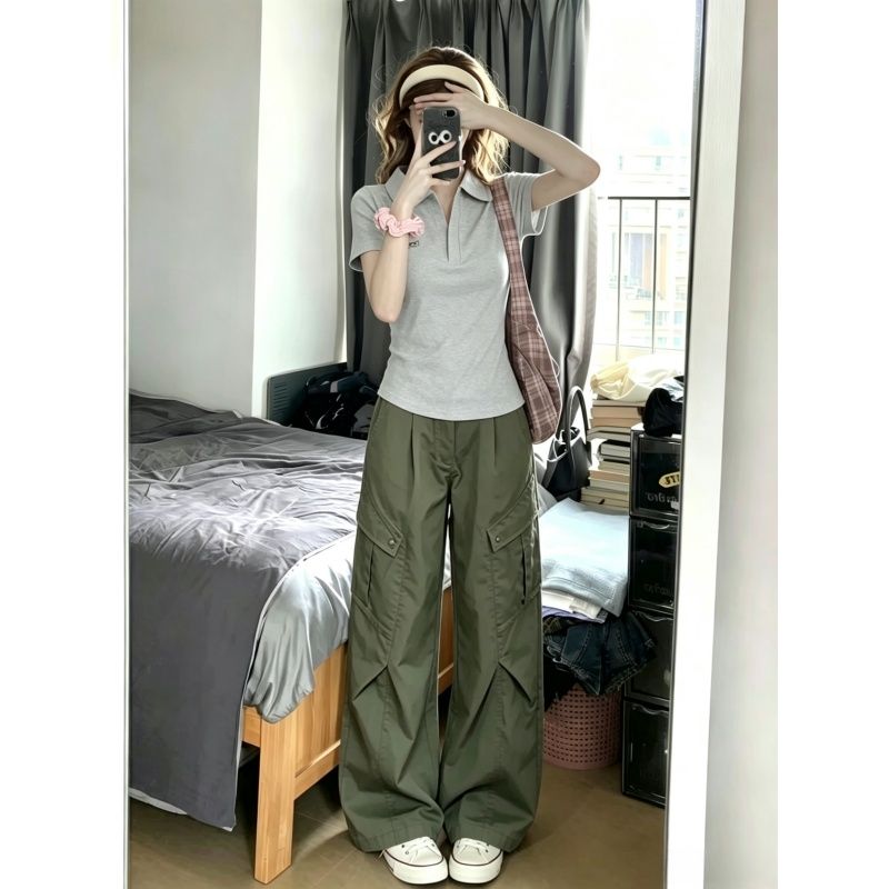 아메리칸 달콤한 매운맛 스포츠 슈트 여성 여름 한국 스타일 패션 POLO 칼라 반팔 워크웨어 와이드 레그 팬츠 캐주얼 투피스 세트