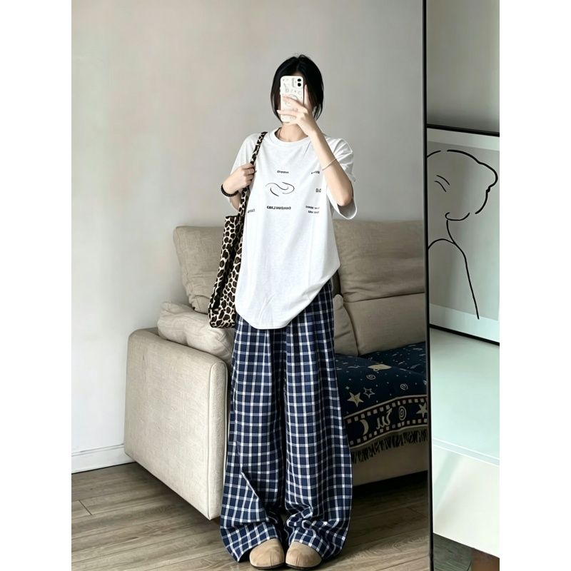 한 부서 느슨함 센스 캐주얼 스포츠 슈트 여성 여름 불가사리 프린트 반팔 체크무늬 와이드 레그 팬츠 루즈핏 투피스 세트