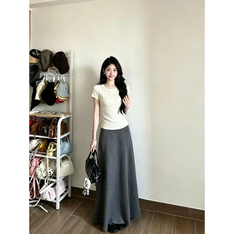 한 부서 느긋한 캐주얼 느슨함 센스 반팔 맨위 반신 롱 스커트 미니멀리즘 패션 품격 여름 착용 가져 가라. 전체 집합