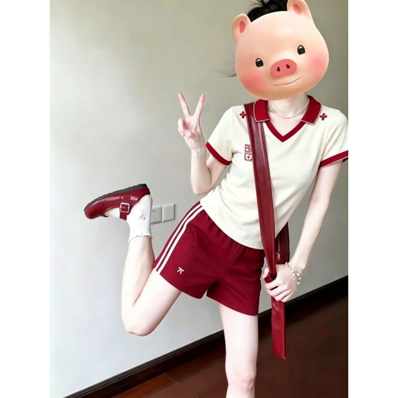 아메리칸 달콤한 매운맛 운동복 세트 여성 여름 긍정적 인 어깨 슬림해 보이는 몸매 가꾸기 POLO 칼라 반팔 반바지 캐주얼 투피스 세트