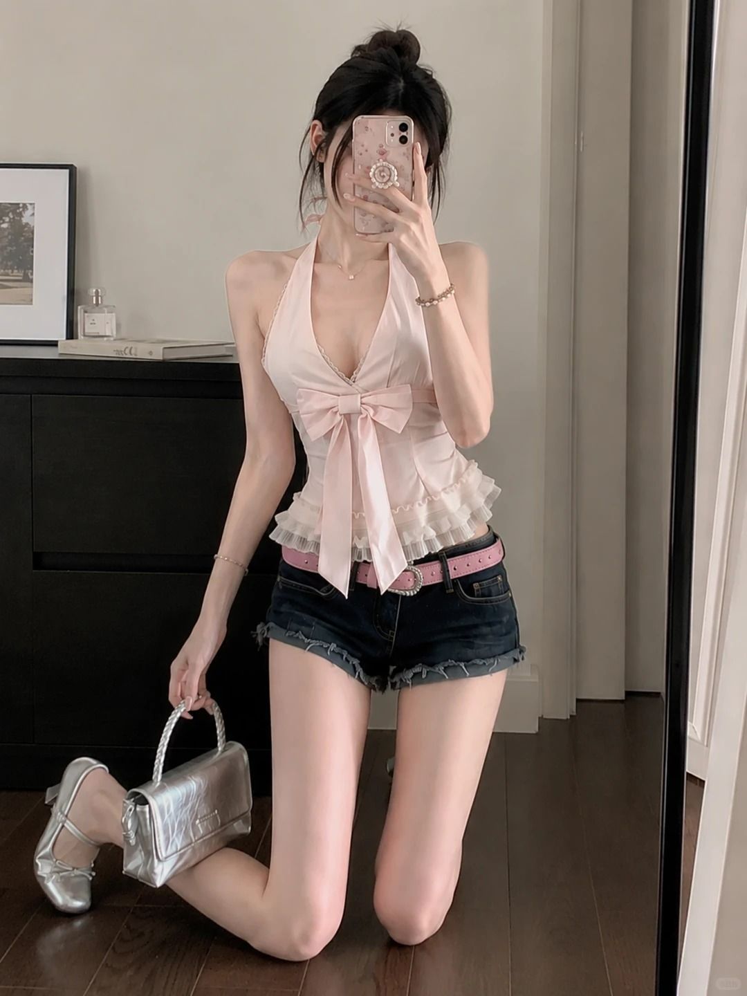한 부서 아름다운 고유 한 행침 목 캐미솔 여름 나비 매듭 레이스 맨위