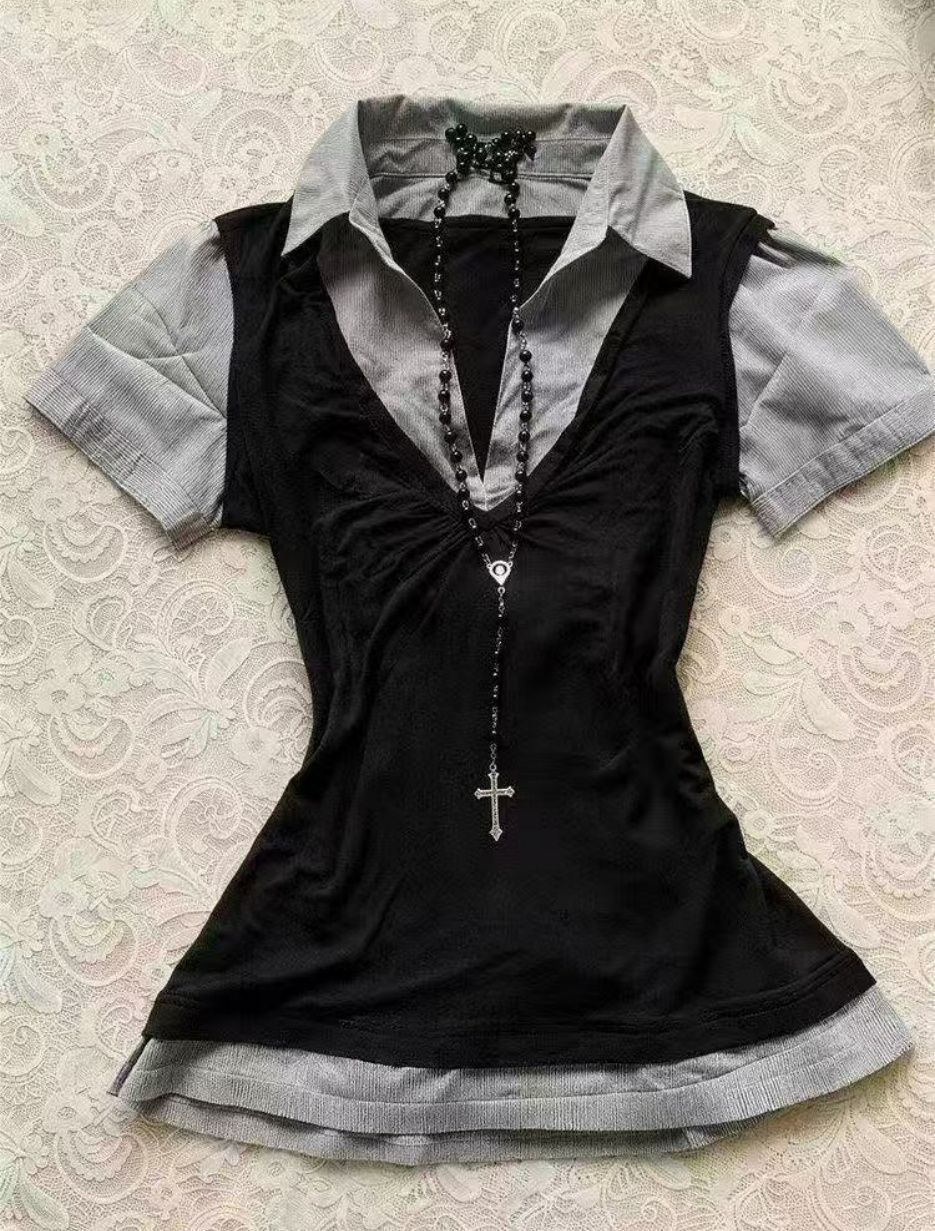 한 부서 학원 스타일 페이크 레이어드 패치워크 폴로 칼라 반팔 티셔츠 몸매 가꾸기 맨위