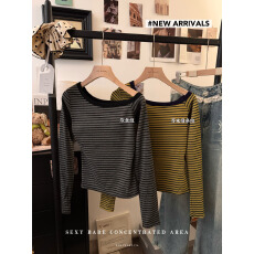 批发实拍~斜领露肩小心机<b class='q'>条纹</b><b class='q'>长袖</b><b class='q'>T</b><b class='q'>恤</b>女早秋辣妹修身短款上衣