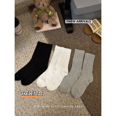 批发实拍实价韩版纯色百搭袜子女中筒袜秋冬堆堆袜长袜女袜纯棉3双装