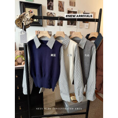 批发实拍~秋冬韩系针织衫<b class='q'>假两件</b>上衣气质<b class='q'>衬衫</b>拼接设计感V领上衣