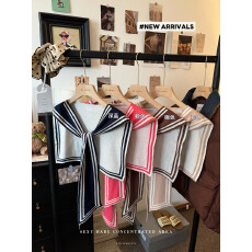 实拍秋冬新款时尚百搭洋气海军领系带小披肩包芯纱针织外搭围巾