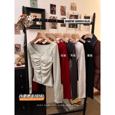 批发实拍 冬季新款洋气时尚开叉褶皱修身<b class='q'>V领</b>设计感磨毛保暖长袖T恤女