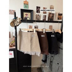 批发实拍 毛呢<b class='q'>半身裙</b>女冬季新款甜美<b class='q'>雪纺</b>拼接不规则短裙包臀高腰A字裙