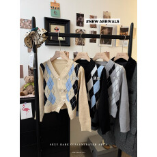 批发实拍实价秋冬新款撞色菱格不规则设计感宽松百搭<b class='q'>针织</b>毛衣<b class='q'>开衫</b>上衣