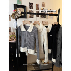 批发实拍<b class='q'>韩版</b>撞色拼接翻领针织开衫女秋冬新款小香风修身显瘦毛衣外套