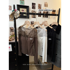 批发实拍纯欲性感蕾丝拼接长袖<b class='q'>T</b>恤韩系温柔风修身显瘦单穿纯色上衣女