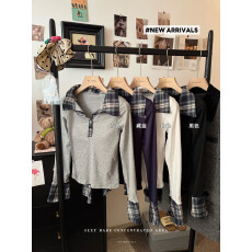 批发实拍~新款学院风Polo领<b class='q'>格子衬衫</b>女秋冬假两件长袖t恤上衣