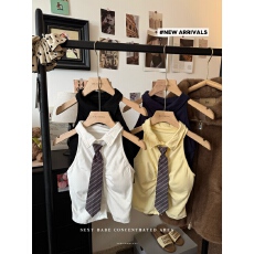 批发实拍条纹领带无袖<b class='q'>背心女</b>内搭外穿带胸垫修身显瘦美背打底上衣