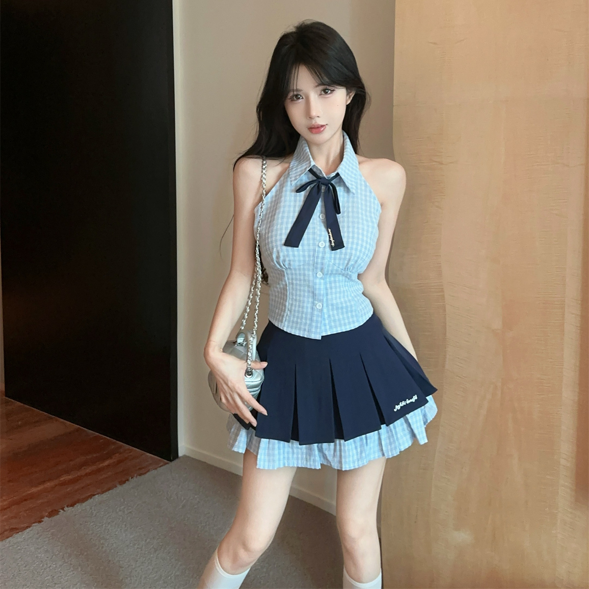 学院风套装jk制服辣妹纯欲格子无袖挂脖衬衫高腰半身短裙  服裝批發女裝批發服飾貨源
