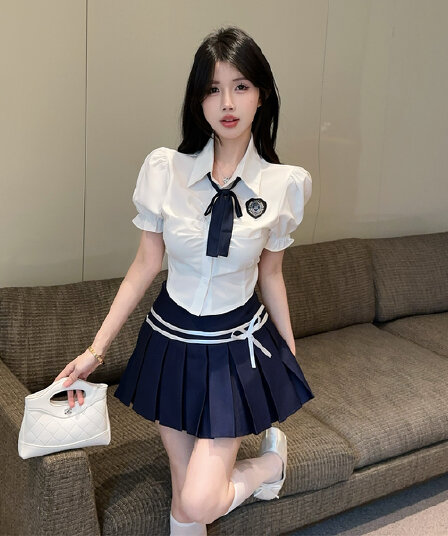 실사 정가 학원 스타일 jk 유니폼 핫걸 세트 반팔 맨위 나비 넥타이 셔츠 하이웨이스트 슬림해 보이는 플리츠 미니 스커트