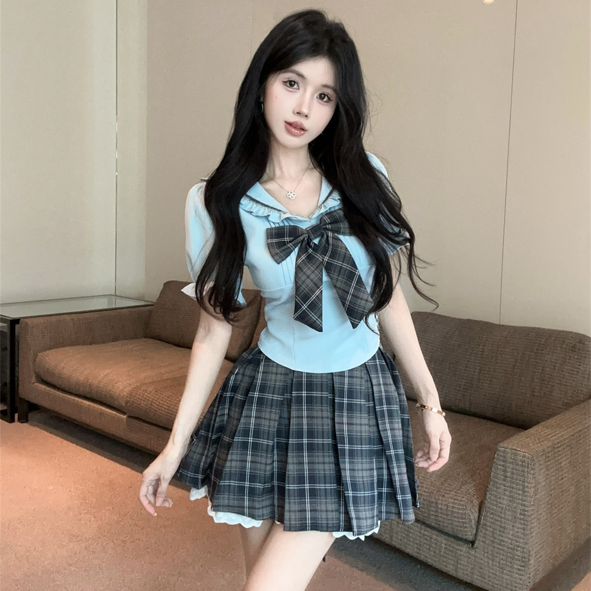 学院风jk制服甜美海军领蝴蝶结短袖衬衫格纹百褶裙套装  服裝批發女裝批發服飾貨源
