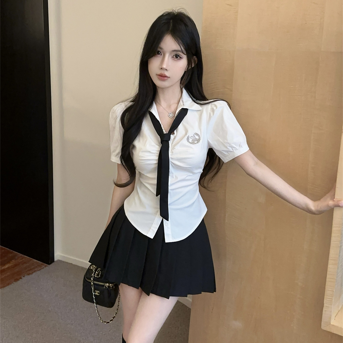 学院风jk制服套装减龄修身领带衬衫纯欲显瘦百褶裙两件套  服裝批發女裝批發服飾貨源