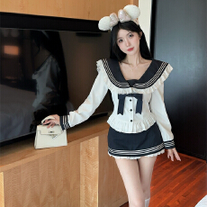 批发实拍实价 学院风jk套装蝴蝶结长袖<b class='q'>海军</b>领衬衫包臀短裙<b class='q'>制服</b>两件套