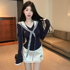 批发实拍实价 学院风套装气质显瘦<b class='q'>海军</b>领长袖上衣波点蕾丝短裙jk<b class='q'>制服</b>