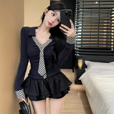 批发实拍实价 学院风制服jk套装纯欲辣妹修身长袖T恤高腰<b class='q'>蓬蓬</b>半身短裙