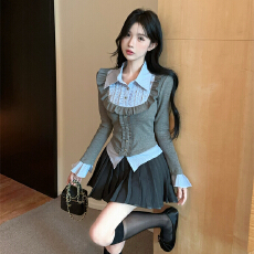 批发实拍实价 学院风jk套装辣妹制服假<b class='q'>两件</b>针织衫上衣高腰百褶半身裙