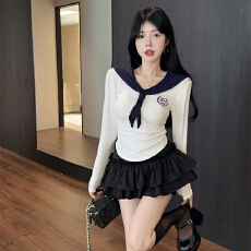 批发实拍辣妹<b class='q'>制服</b><b class='q'>海军</b>领拼接长袖上衣百搭蛋糕短裙学院风两件套JK套装