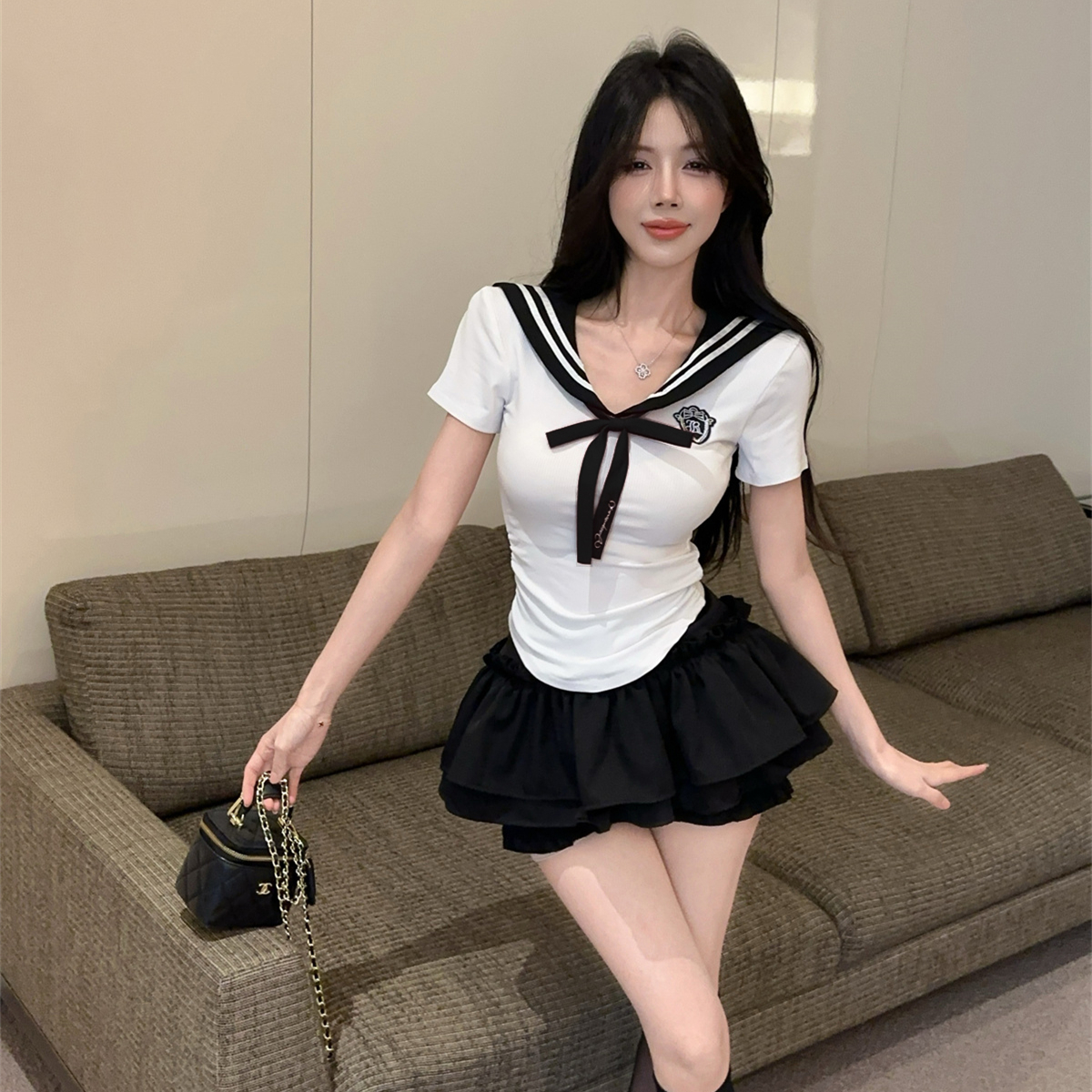 실사 정가 학원 스타일 jk 유니폼 세트 핫걸 해군 칼라 반팔 맨위 슬림해 보이는 다용도 케이크 미니 스커트