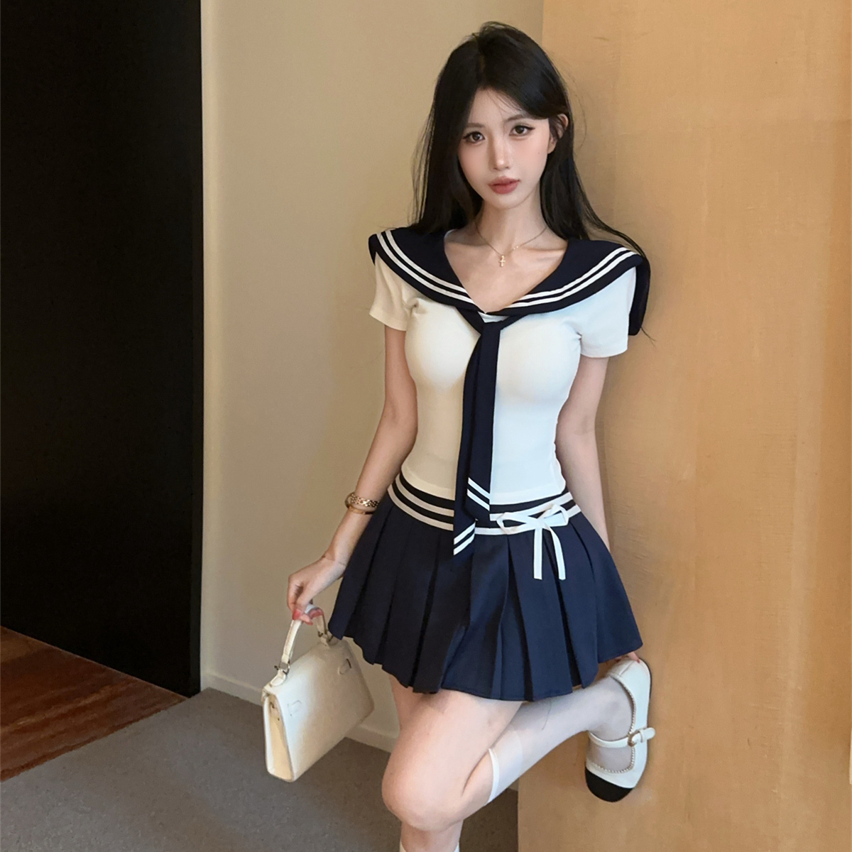 실사 정가 학원 스타일 jk 세트 핫걸 유니폼 해군 칼라 반팔 넥타이 맨위 하이웨이스트 플리츠 미니 스커트