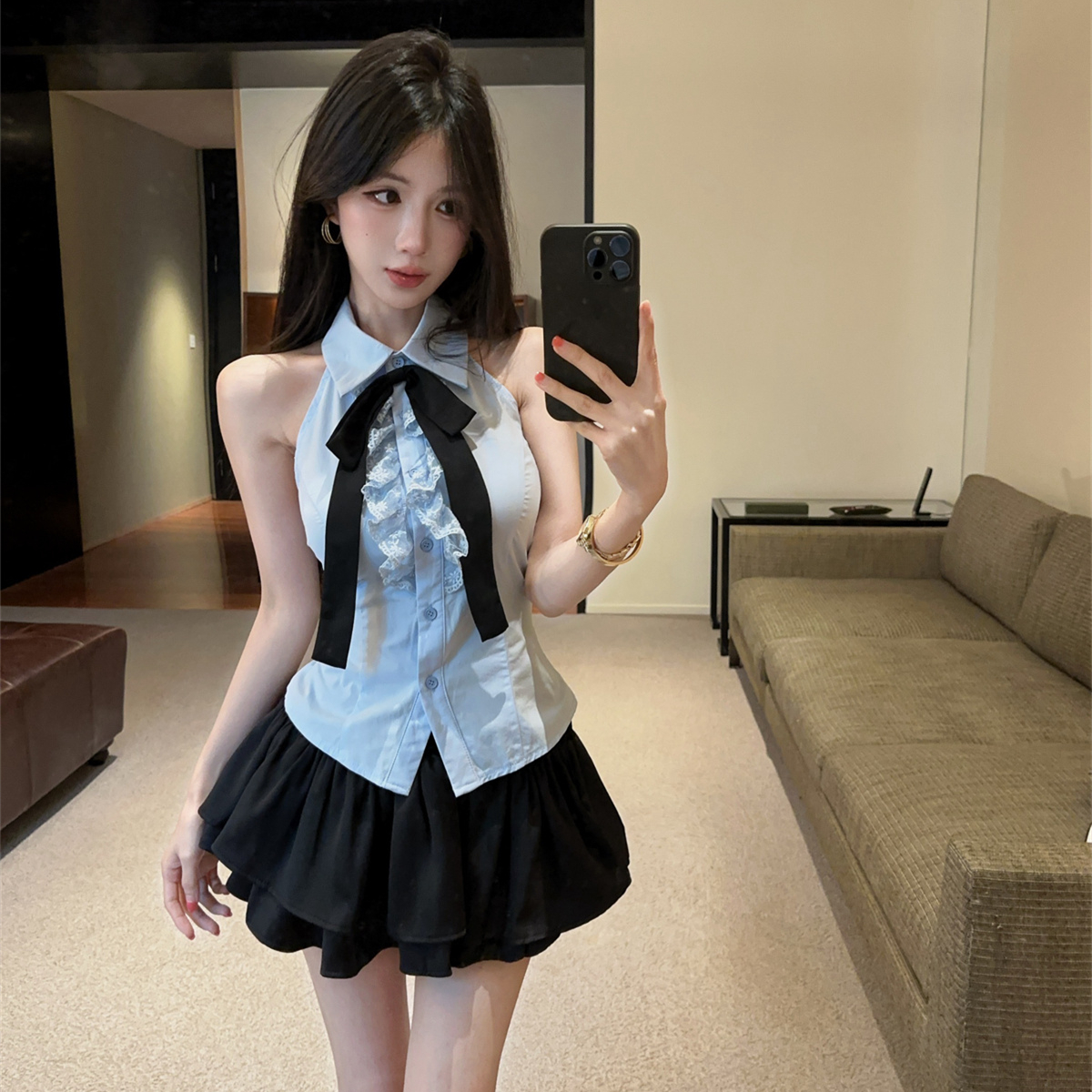 学院风套装性感露背纯欲无袖领带衬衫女高腰蓬蓬短裤裙  服裝批發女裝批發服飾貨源