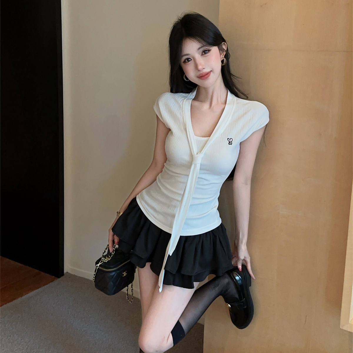 学院风甜美套装纯欲修身蝴蝶结短袖上衣高腰蓬蓬短裤裙  服裝批發女裝批發服飾貨源