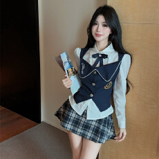 批发实拍实价 学院风jk套<b class='q'>装</b>西<b class='q'>装</b>马甲修身长袖领结衬衣百搭格子半身裙
