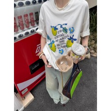 官图 21支纯棉210克100%棉短袖T恤女彩色花朵洋气中长款