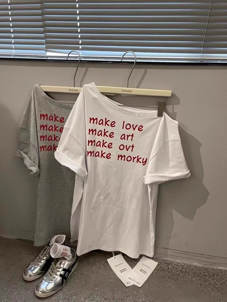 경관 그림 40 순면 220 그램 92 면 8 암모니아 Lun 비스듬한 칼라 오프숄더 오프숄더 반팔 티셔츠 여성 프린트