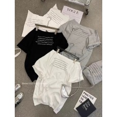 官图 40支纯棉 220克 92%棉8%氨纶 斜领一字肩露肩短袖T恤女印花