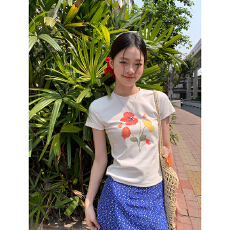 批发2026春夏新款 40支纯棉220克 92%棉8%氨纶 正肩短袖<b class='q'>T</b><b class='q'>恤</b>女印花<b class='q'>花朵</b>