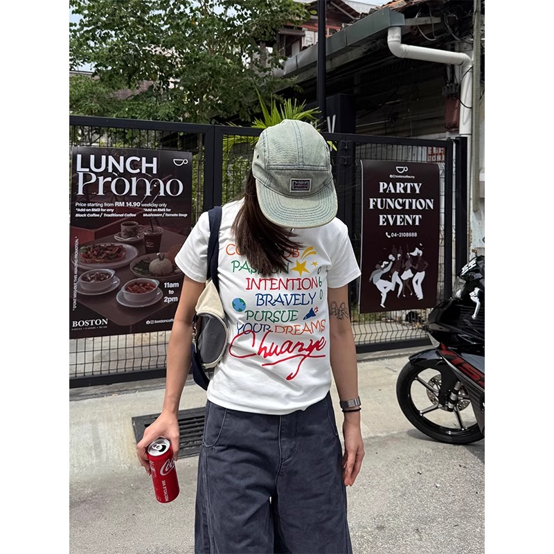 경관 그림 정가 40 순면 220 그램 92 면 8 암모니아 Lun 긍정적 인 어깨 반팔 티셔츠 여성 프린트