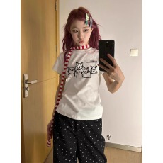 40支纯棉220克 92%棉8%氨纶 时尚超火正肩短袖T恤女印花上衣潮